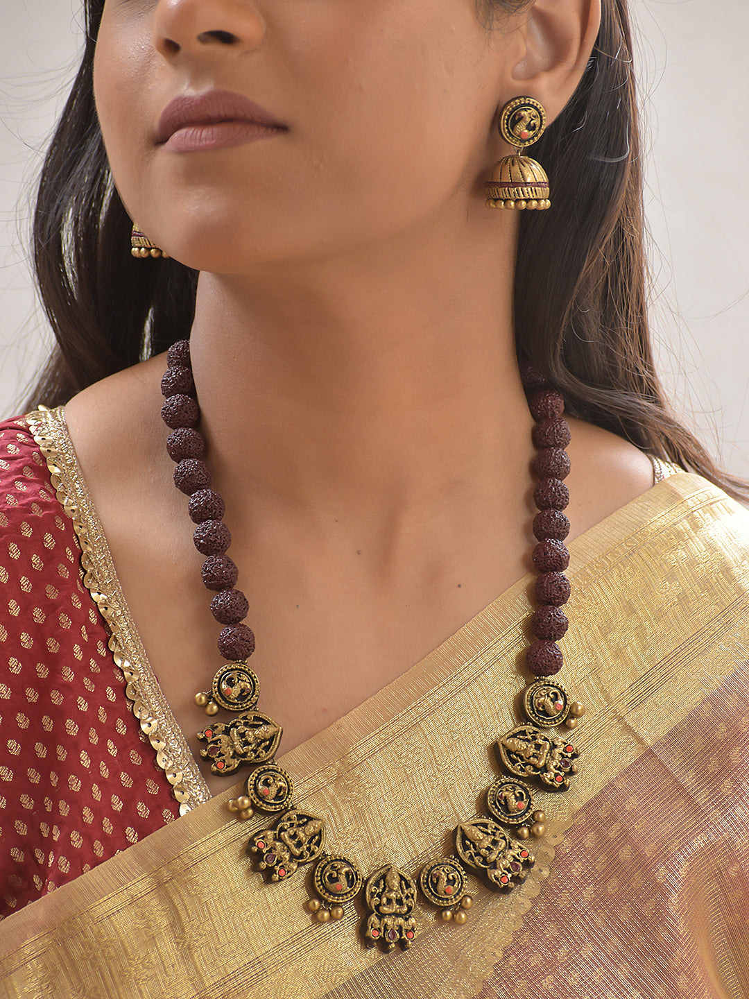 Rudra-Lakshmi Mangala — Divine Rudraksha Lakshmi Terracotta Necklace Set With Jhumkas