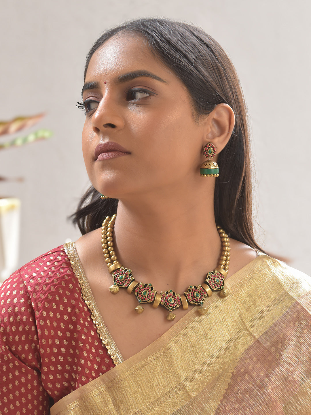 Padmaraga Kamala — Terracotta Lotus Motif Necklace Set With Jhumkas
