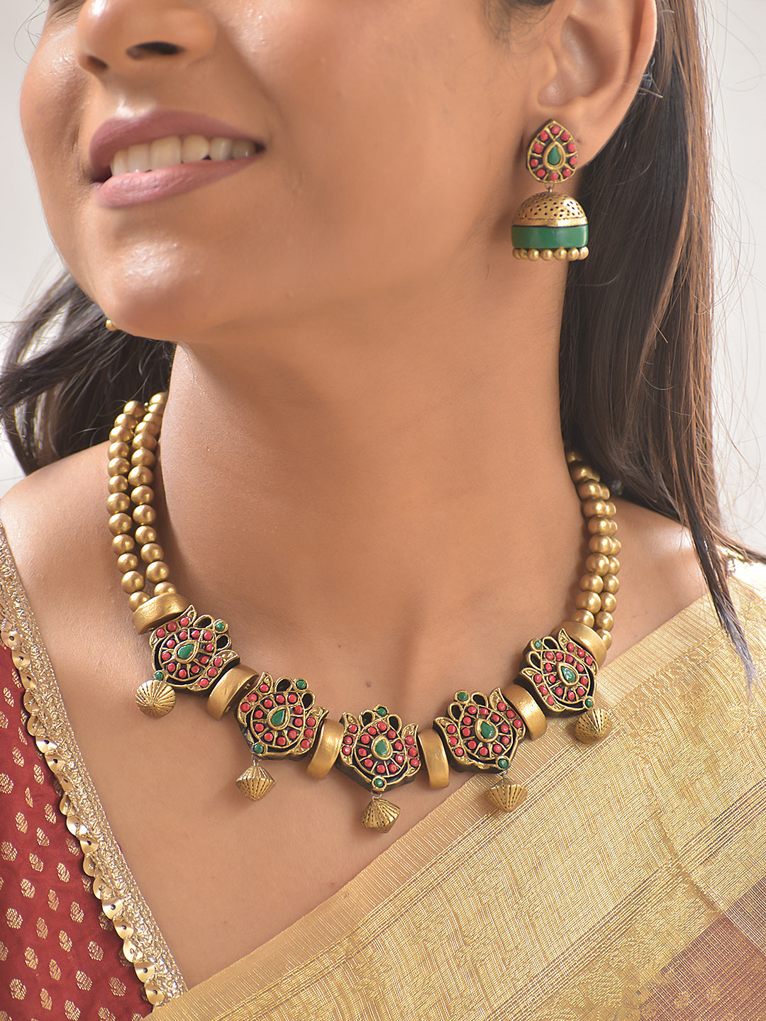 Padmaraga Kamala — Terracotta Lotus Motif Necklace Set With Jhumkas