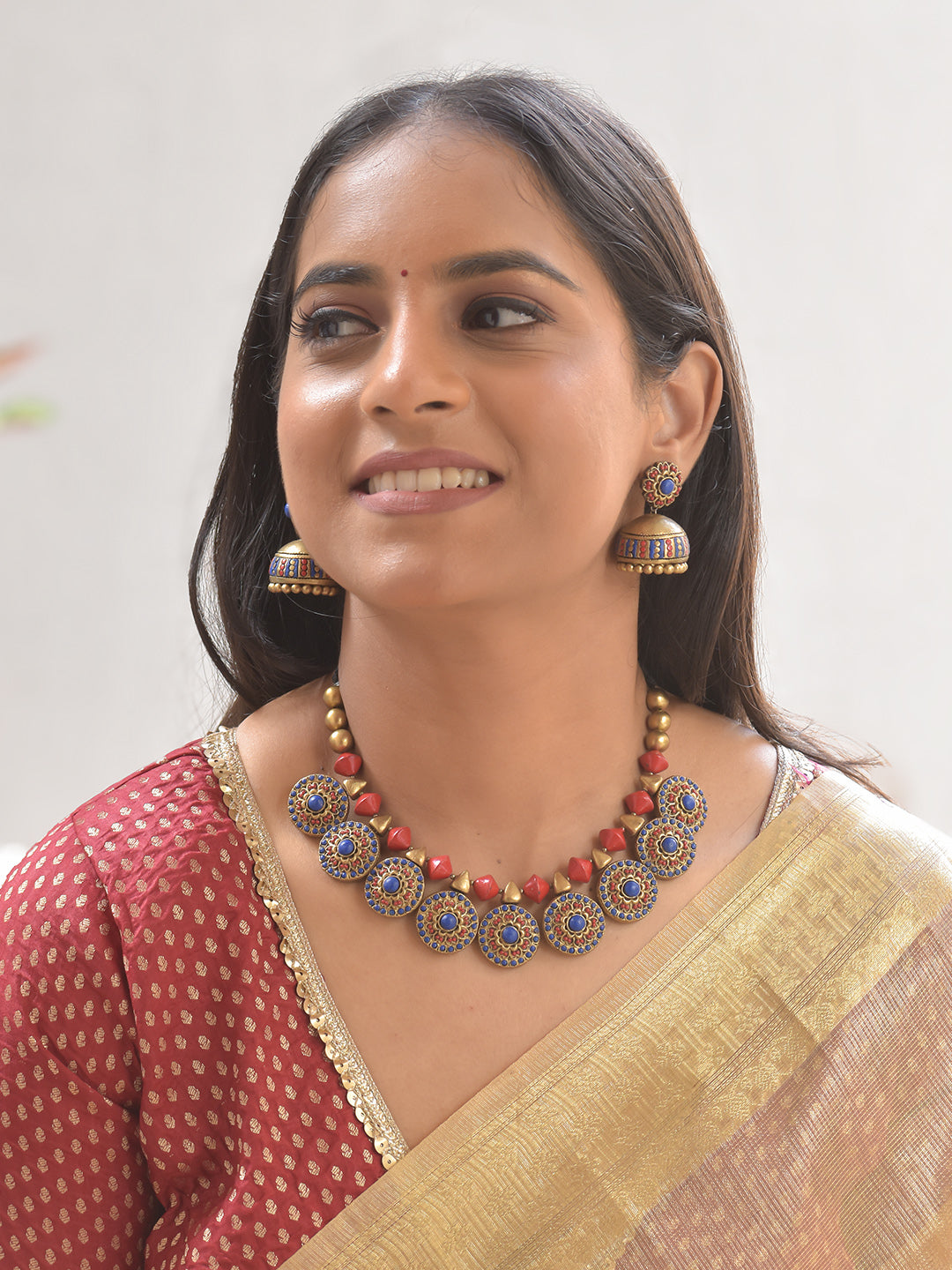 Neela Rakta Padma — Terracotta Blue–Crimson Lotus Medallion Necklace Set With Jhumkas
