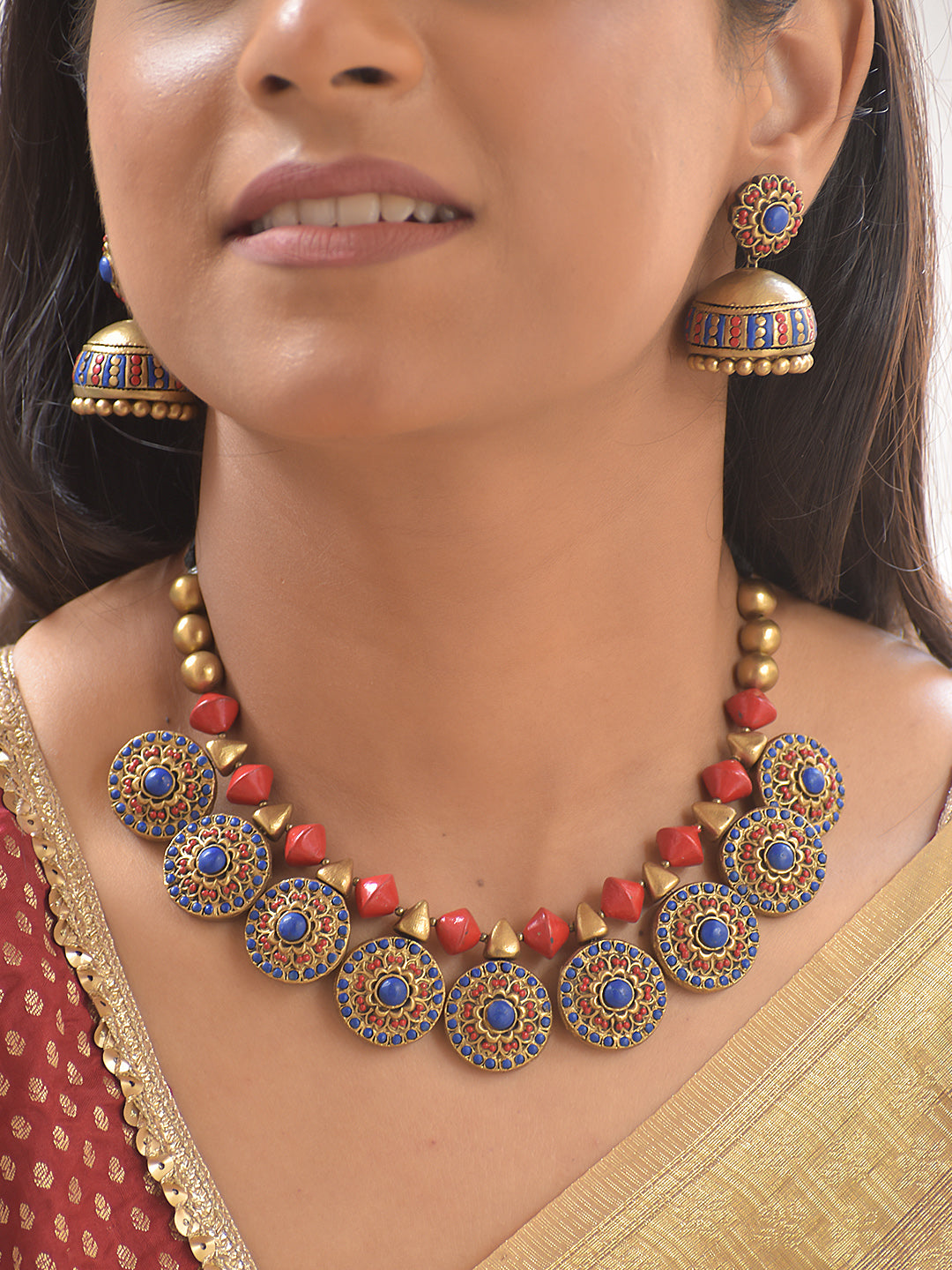 Neela Rakta Padma — Terracotta Blue–Crimson Lotus Medallion Necklace Set With Jhumkas