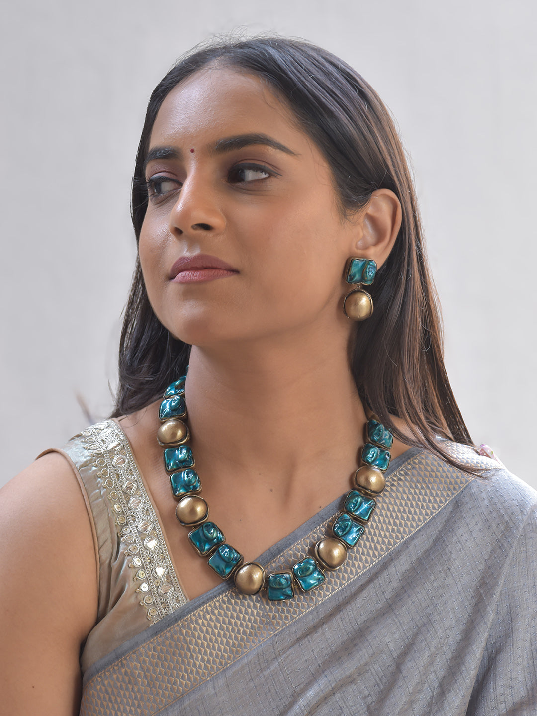 Neelachatushka — Terracotta Glossy "Patina Blue" Color Of The Year 2026 — Imitation Pearl with Earrings