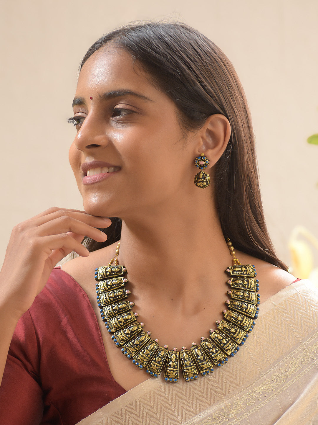 Handcrafted Terracotta Antique Gold Lakshmi Choker Set with Pink & Blue Accents