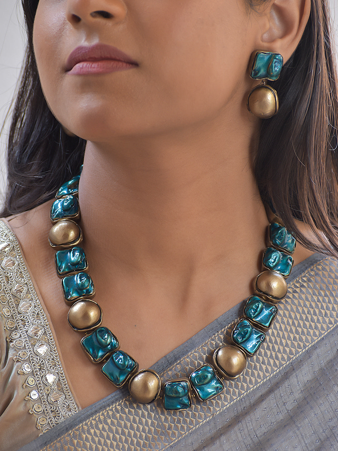 Neelachatushka — Terracotta Glossy "Patina Blue" Color Of The Year 2026 — Imitation Pearl with Earrings