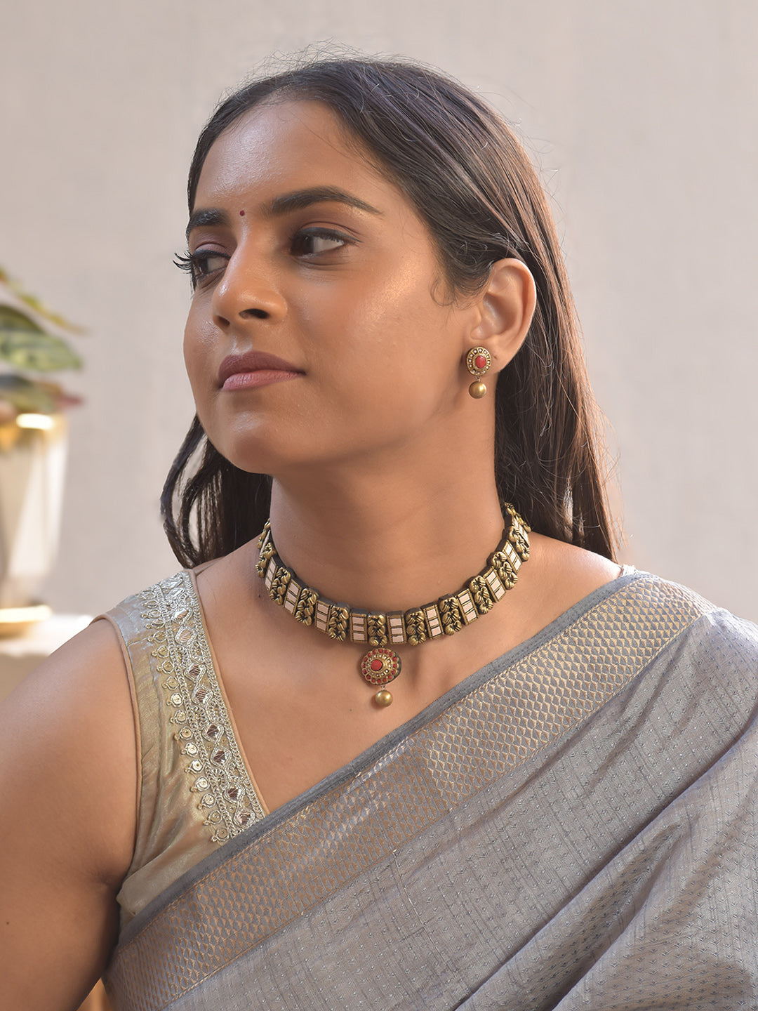 Rakta Pushpa Kanta — Terracotta Floral Block Choker with Red Medallion Pendant With Studs
