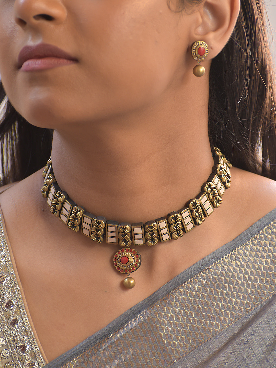 Rakta Pushpa Kanta — Terracotta Floral Block Choker with Red Medallion Pendant With Studs