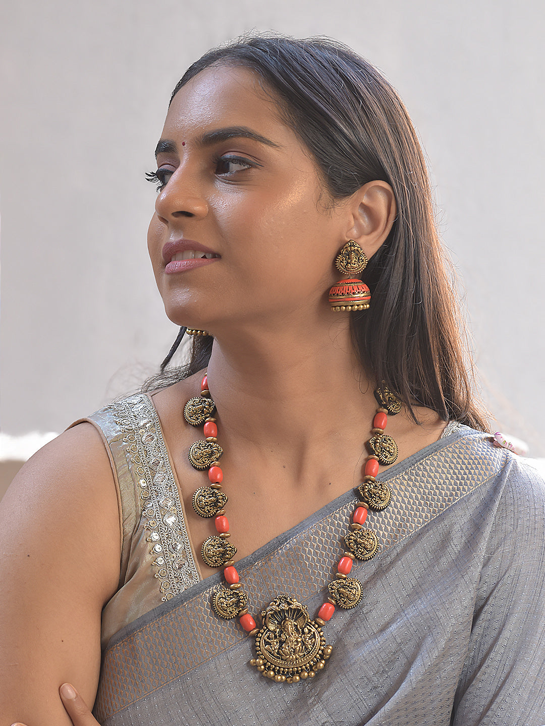 Ganesha Lakshmi Pranali — Terracotta Lakshmi Coin Necklace with Coral Beads Design With Jhumkas
