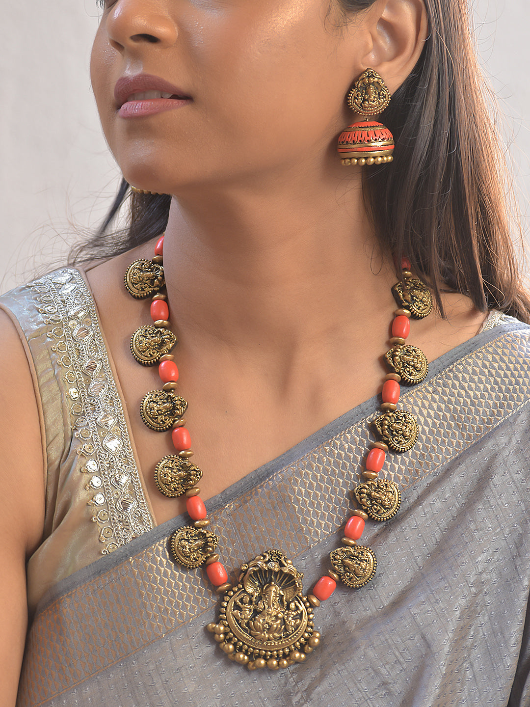 Ganesha Lakshmi Pranali — Terracotta Lakshmi Coin Necklace with Coral Beads Design With Jhumkas