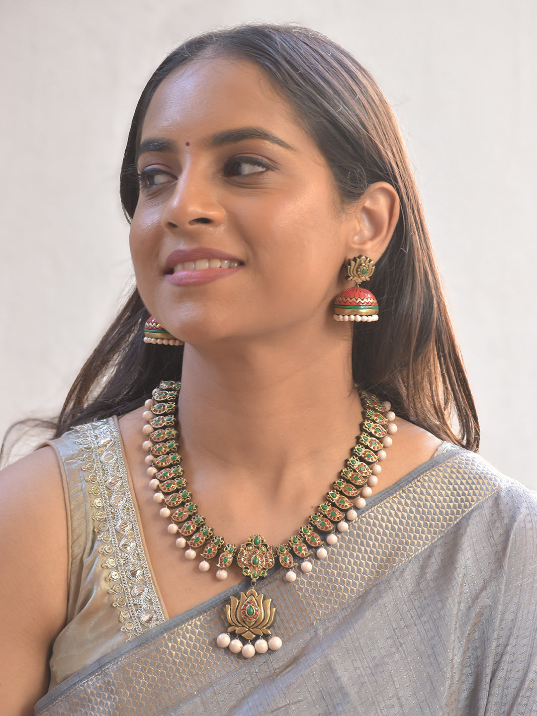 Padma Prabha Moti — Terracotta Lotus Necklace Set with Pearl Drops With Jhumkas