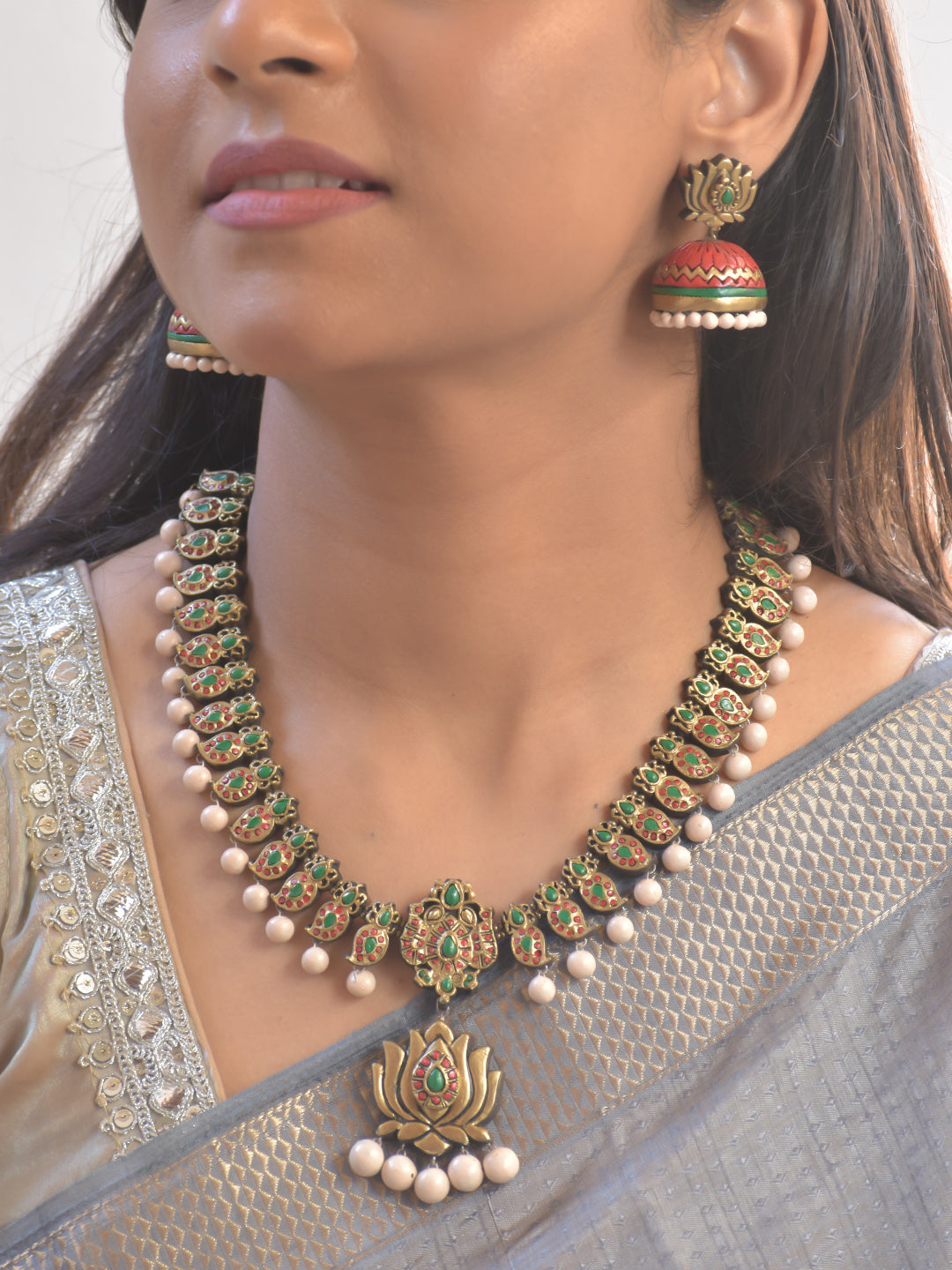 Padma Prabha Moti — Terracotta Lotus Necklace Set with Pearl Drops With Jhumkas