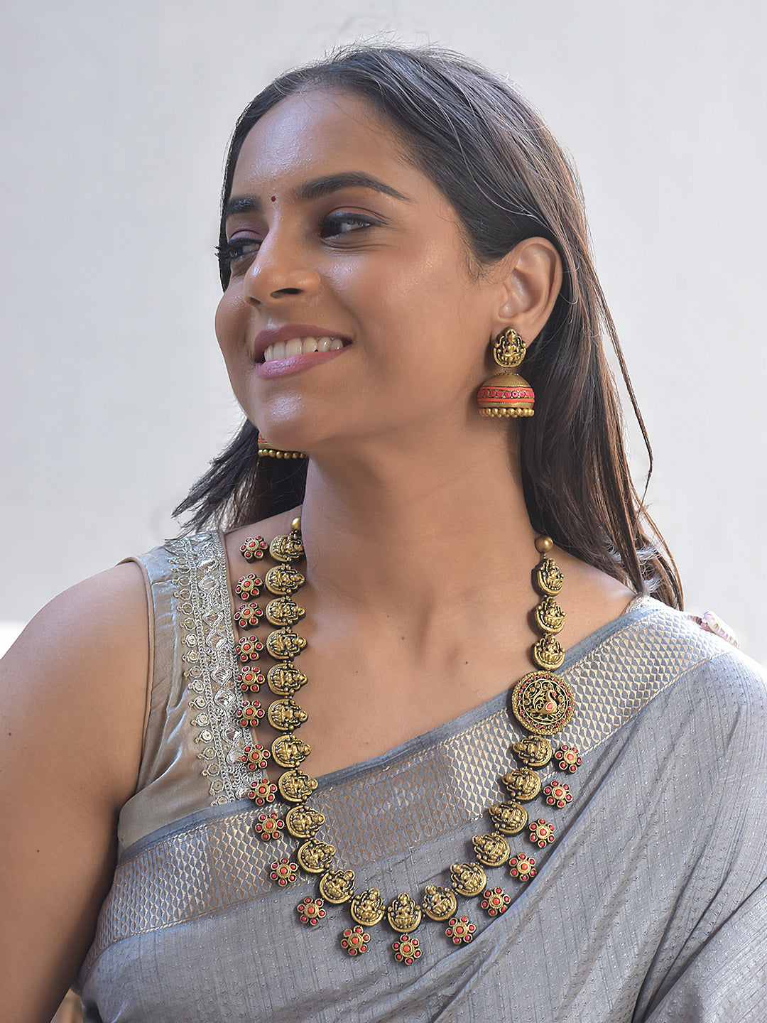 Sri Pushpa Vistar — Terracotta Lakshmi Blossom Long Necklace Set with Antique Red-Gold Floral Accents