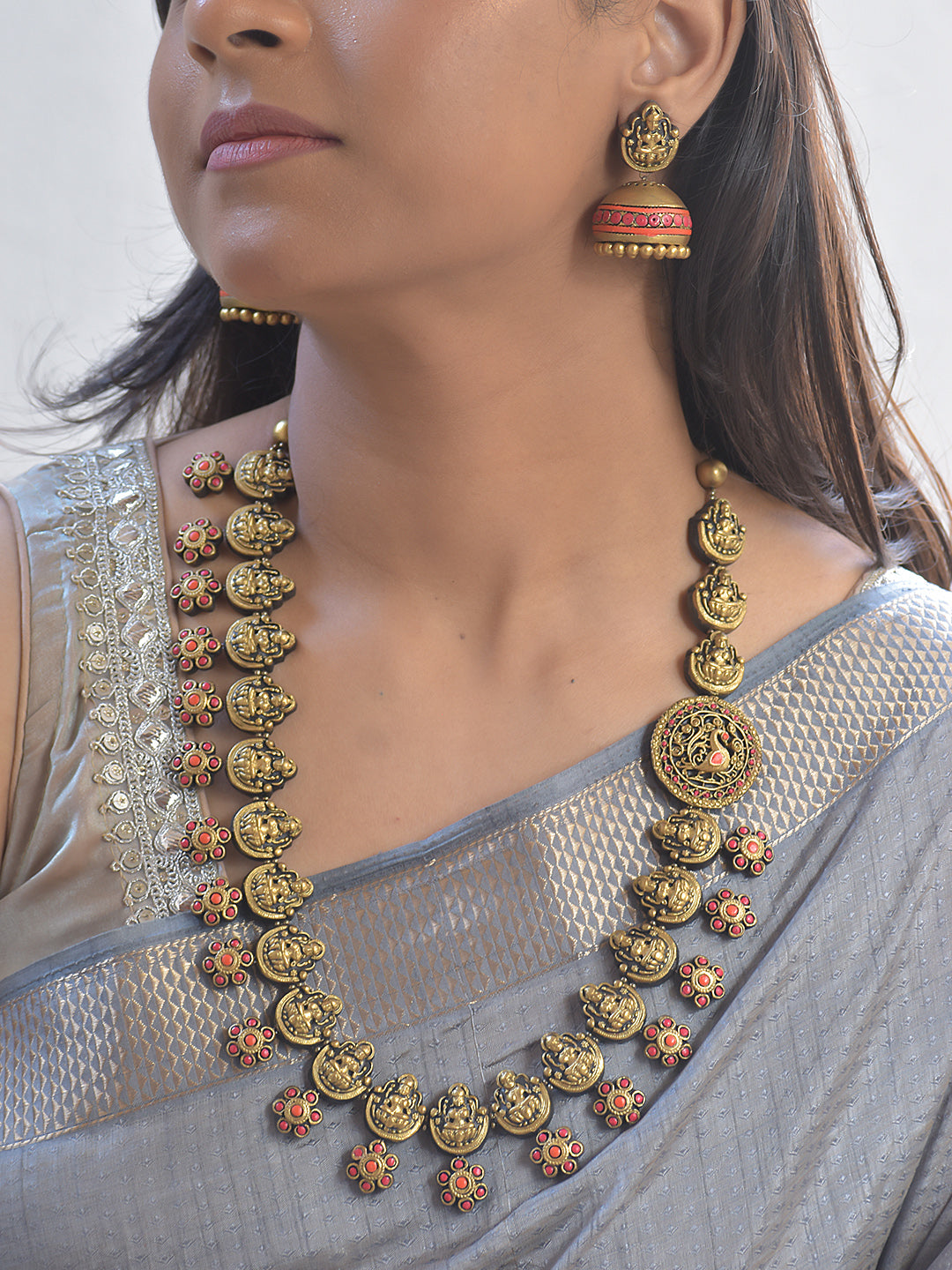 Sri Pushpa Vistar — Terracotta Lakshmi Blossom Long Necklace Set with Antique Red-Gold Floral Accents