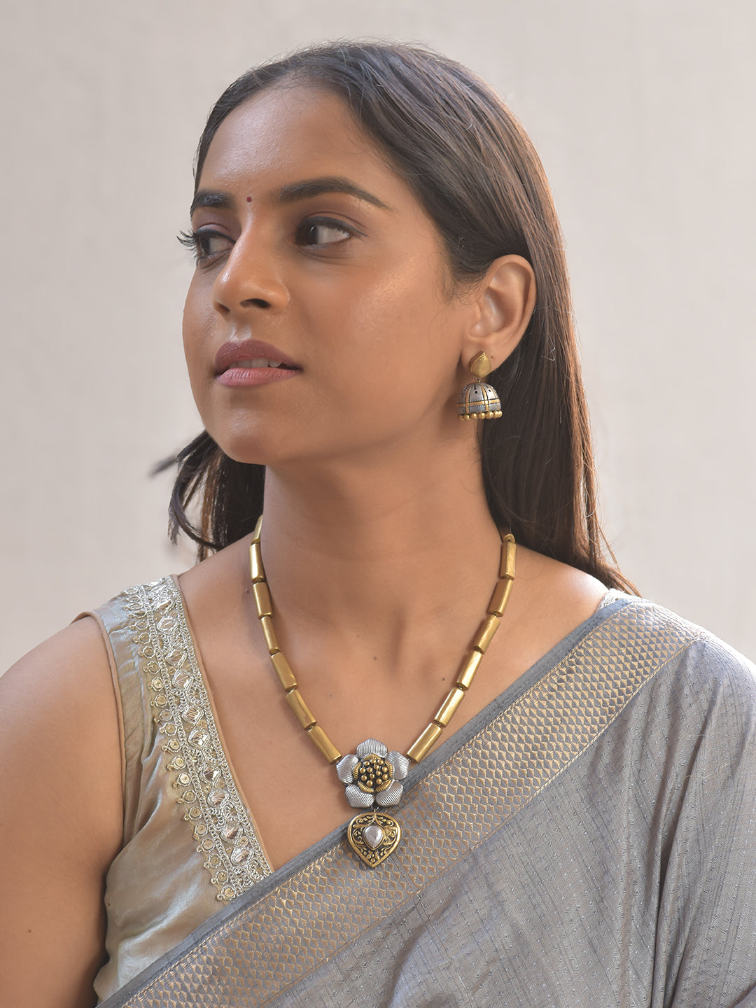 Rajata Pushpa Lata — Silver Blossom Charm Terracotta Necklace Set With Jhumkas