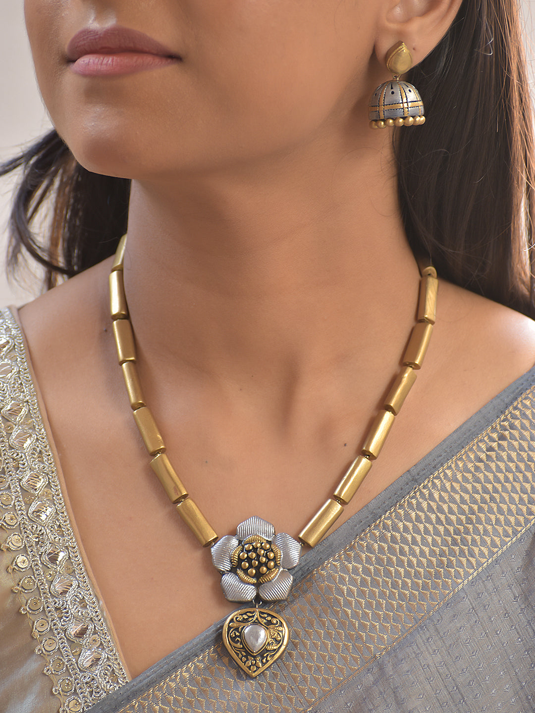Rajata Pushpa Lata — Silver Blossom Charm Terracotta Necklace Set With Jhumkas