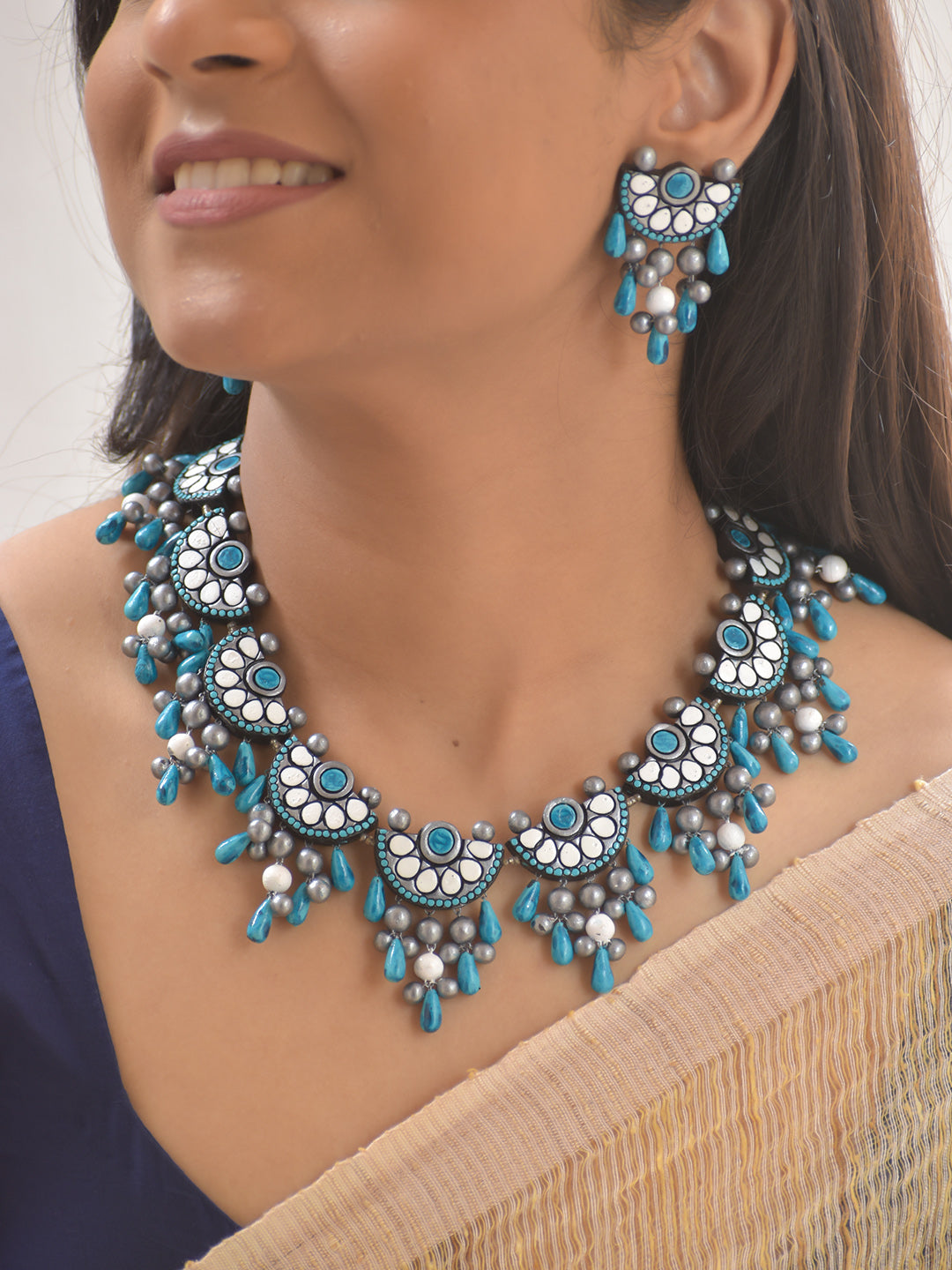 Chandramukta — Terracotta Crescent Shaped Necklace with Blue and White Teardrop Beads With Earrings