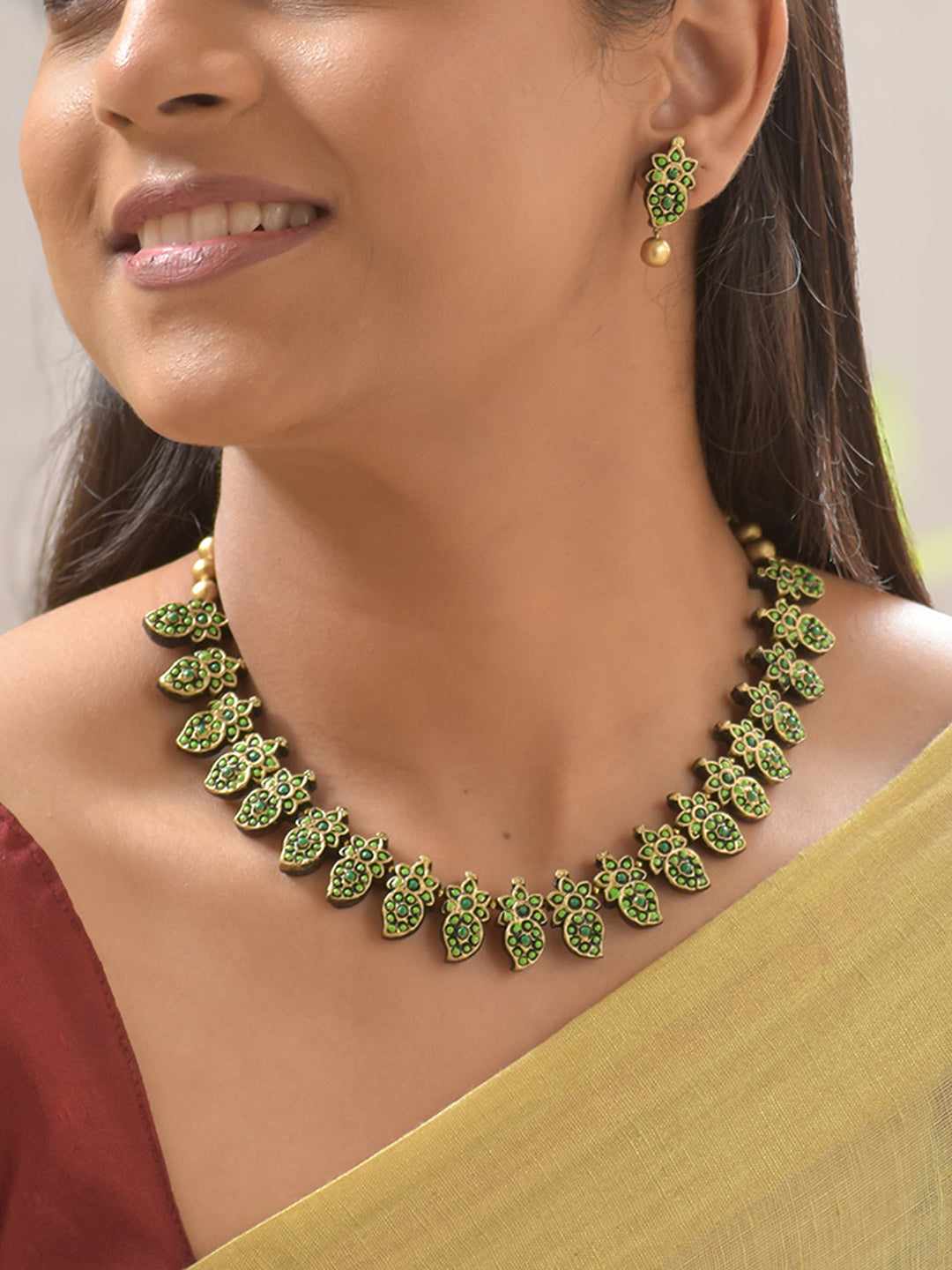 Pallavi - Verdant Leaf Green Terracotta Necklace Set With Stud Earrings