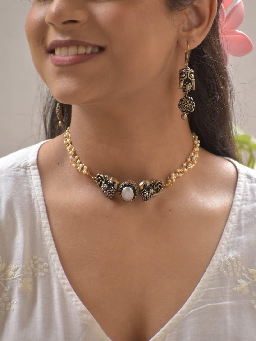 Twin Peacock Terracotta Necklace Set with White Stone & Beaded Strings – Antique Gold Finish