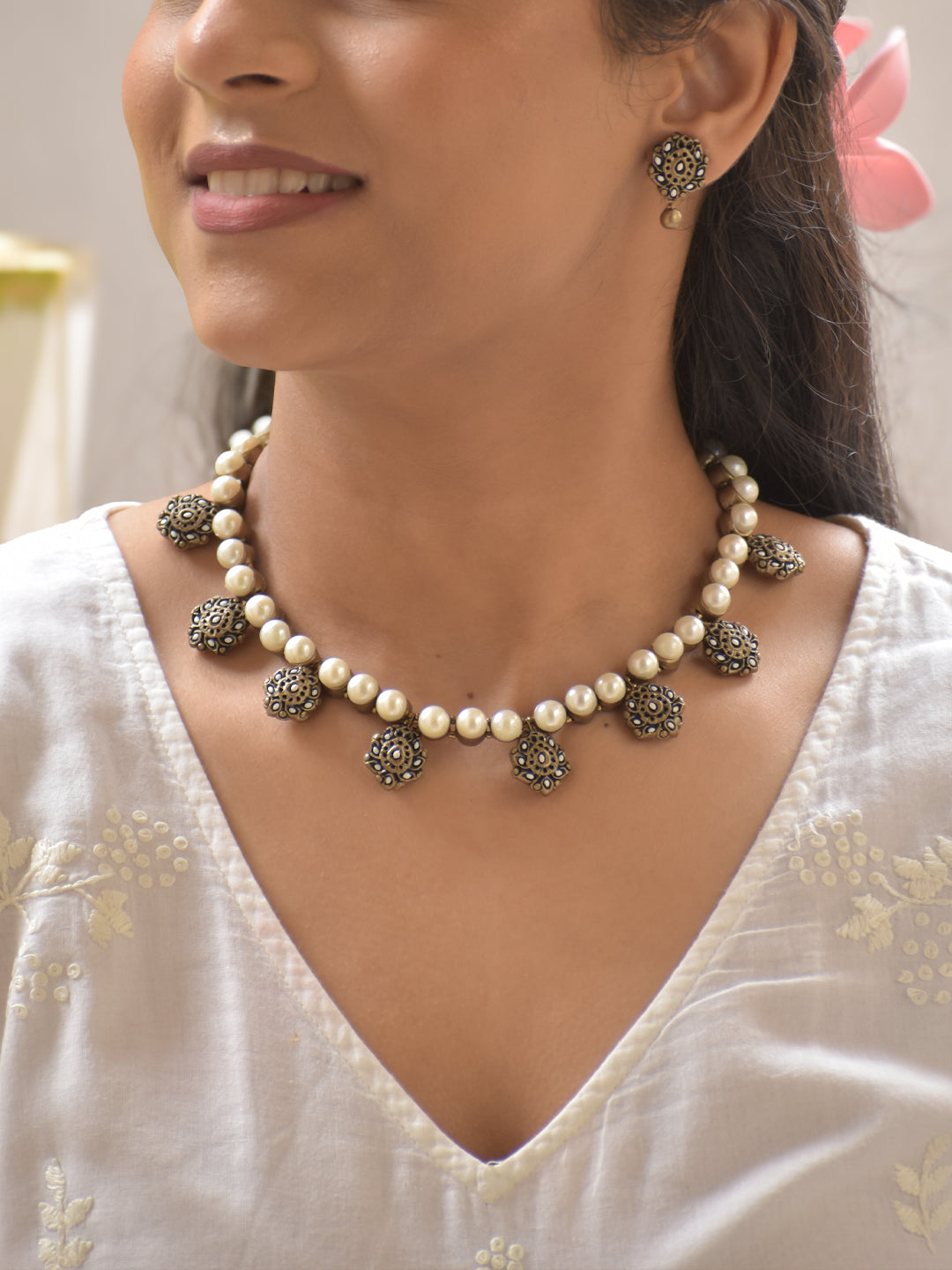 Terracotta Pearl Drop Necklace Set with Antique Gold Floral Embellishments Stud Earrings