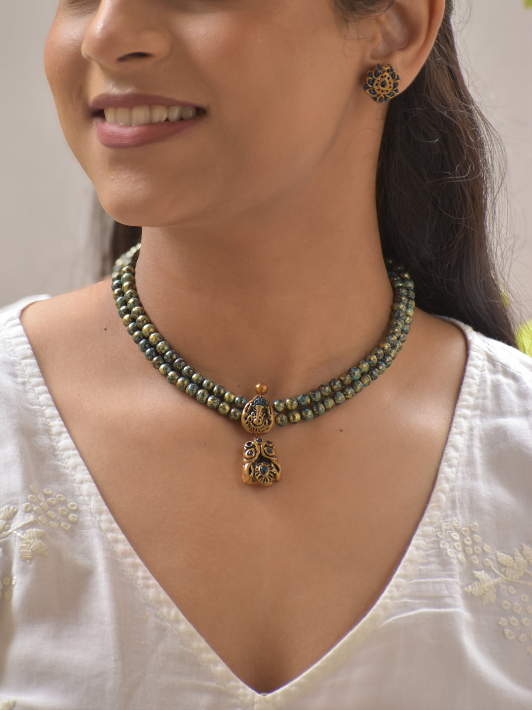 Terracotta Ganesha Motifs Necklace Set with Dual-Layer Beads and Etched Antique Pendant Stud Earrings