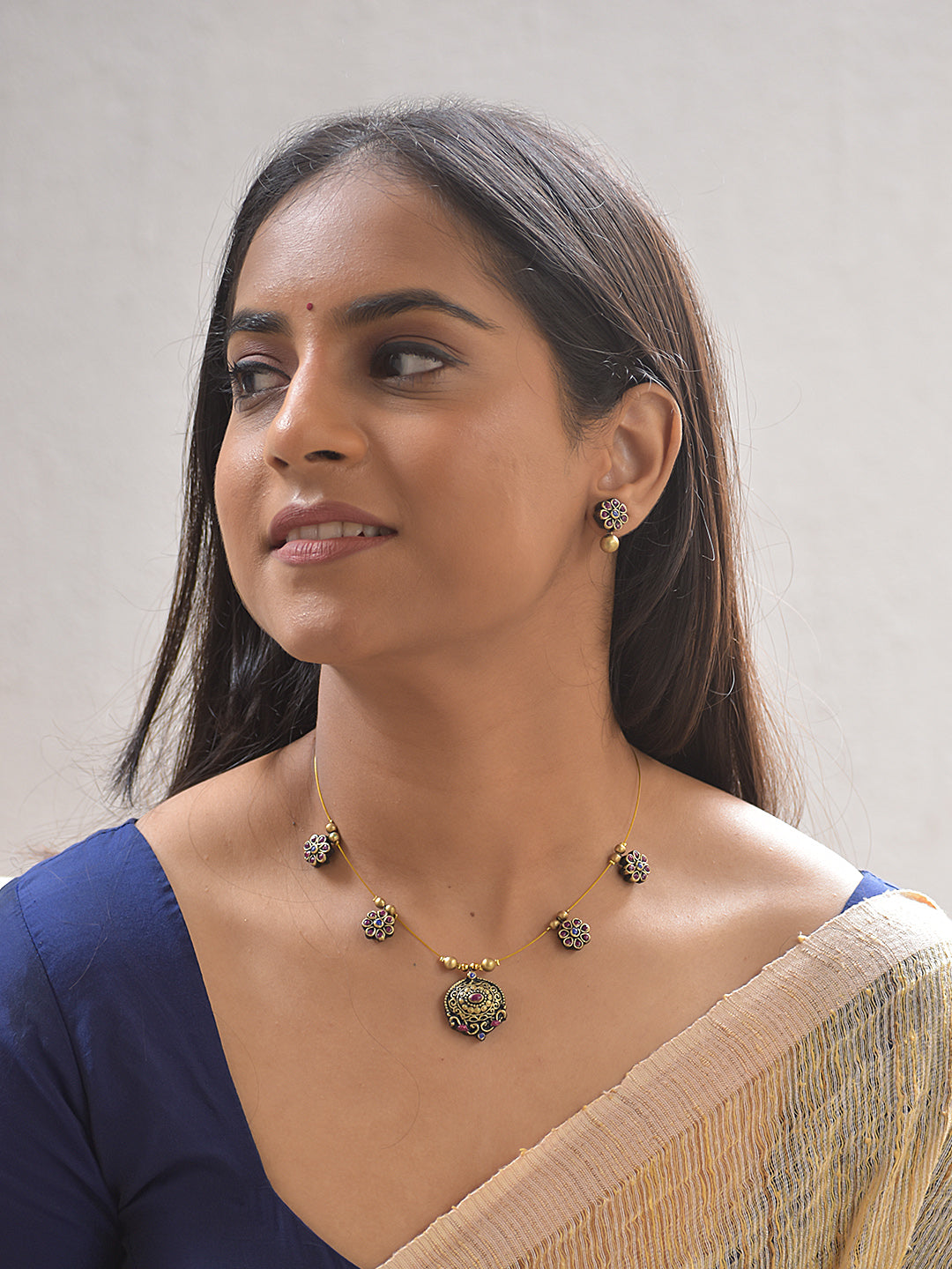 Terracotta Floral Charm Necklace Set With Studs
