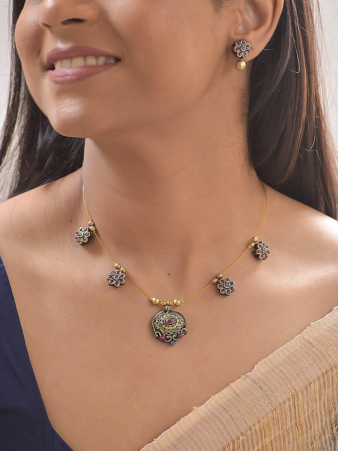 Terracotta Floral Charm Necklace Set With Studs
