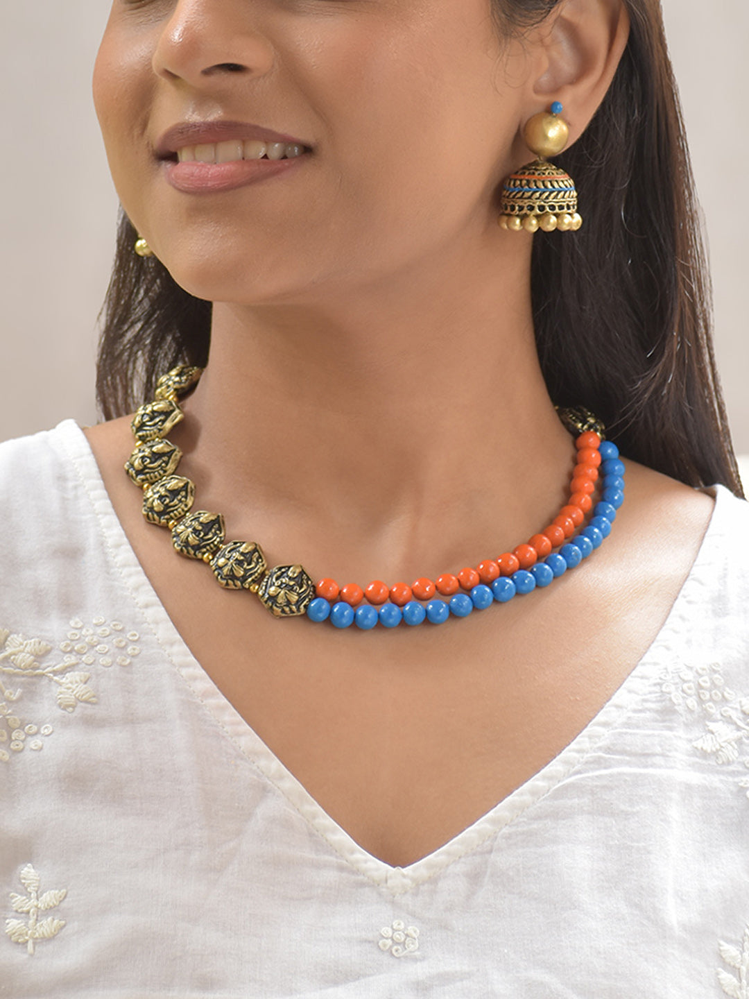 Tarunika - Orange Blue Harmony Antique Gold Terracotta Beaded Necklace Set With Matching Earrings