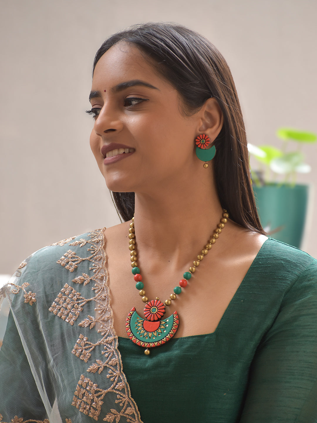 Terracotta Handpainted Floral Crescent Necklace Set in Green & Coral