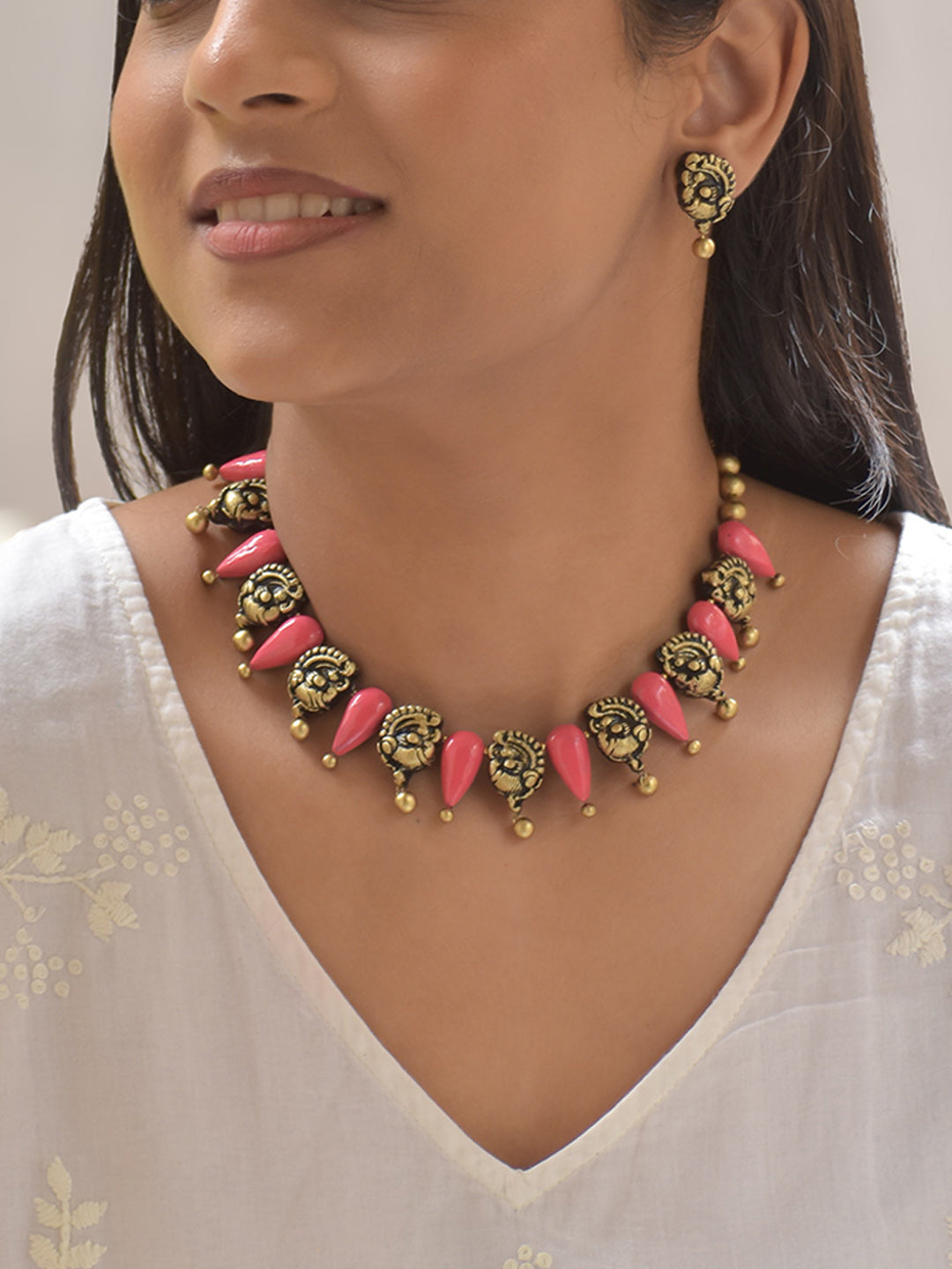 Rajamukhi - Rose Drop Regal Antique Gold Peacock Design Terracotta Necklace Set With Stud Earrings