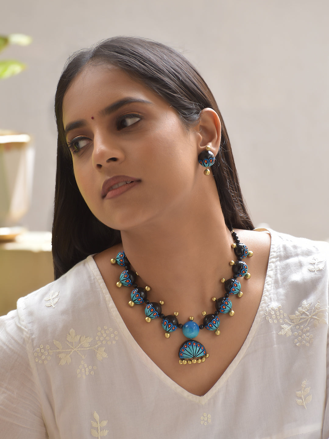 Nilaara - Azure Bloom Blue Black Handcrafted Terracotta Necklace Set with Stud Earrings
