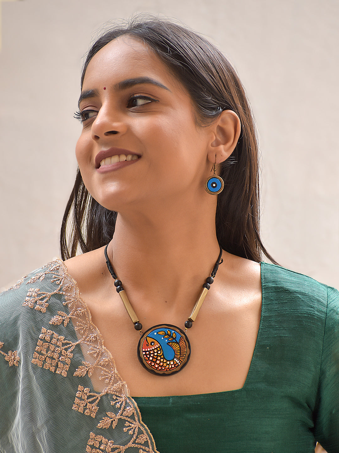 Terracotta Handpainted Fish Motif Pendant Necklace Set