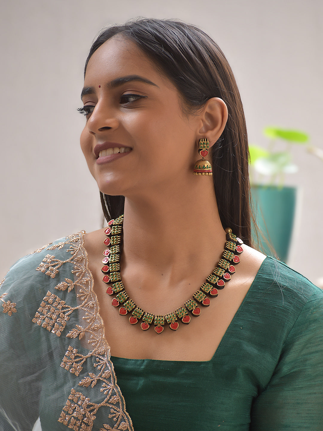 Terracotta Antique Gold Square Mango Leaf Motif Necklace Set with Red & Green Accents