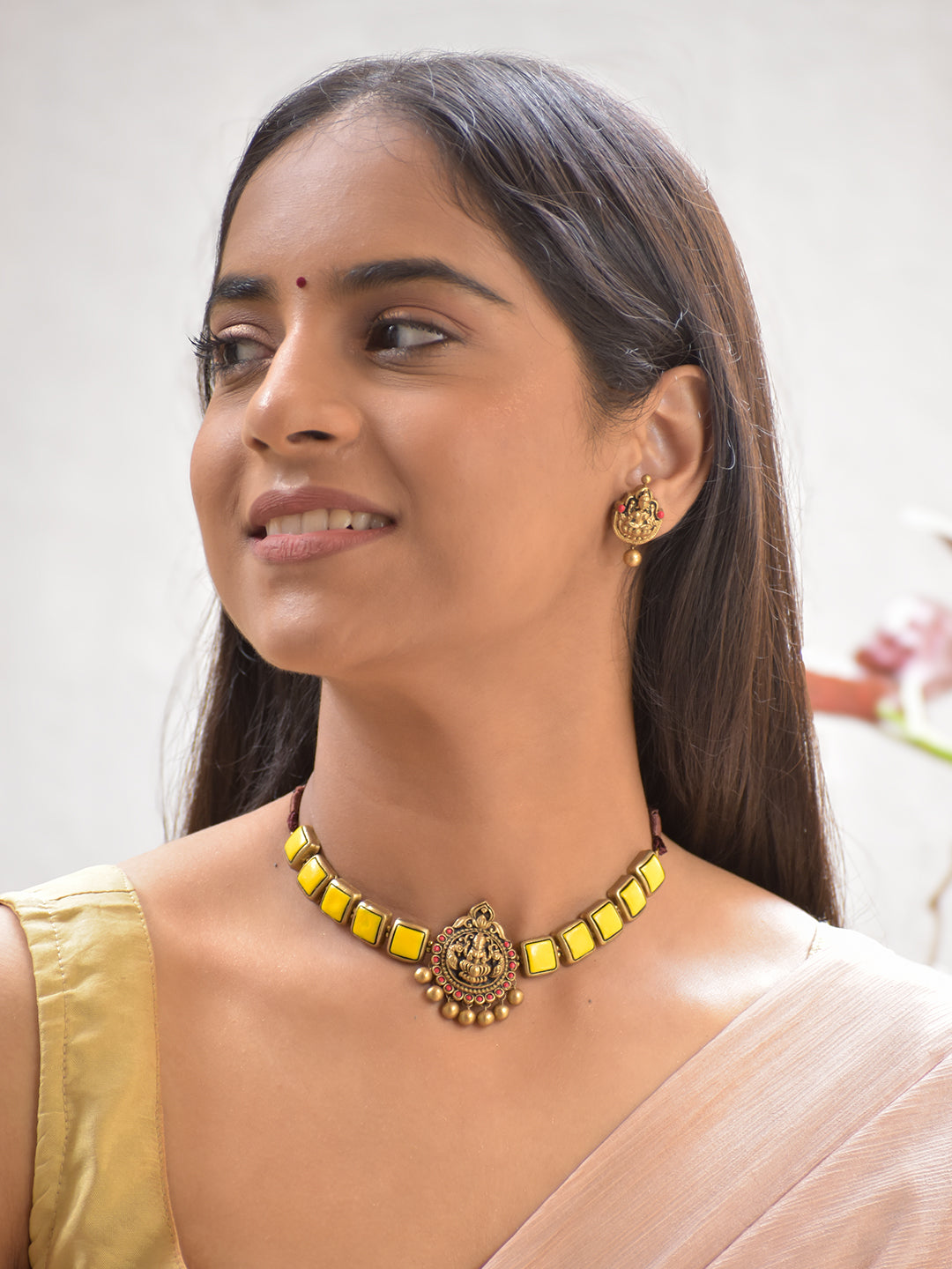Terracotta Yellow Square Stone Choker Necklace with Lakshmi Goddess Pendant & Earrings