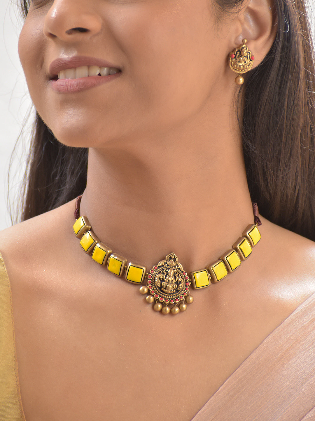 Terracotta Yellow Square Stone Choker Necklace with Lakshmi Goddess Pendant & Earrings