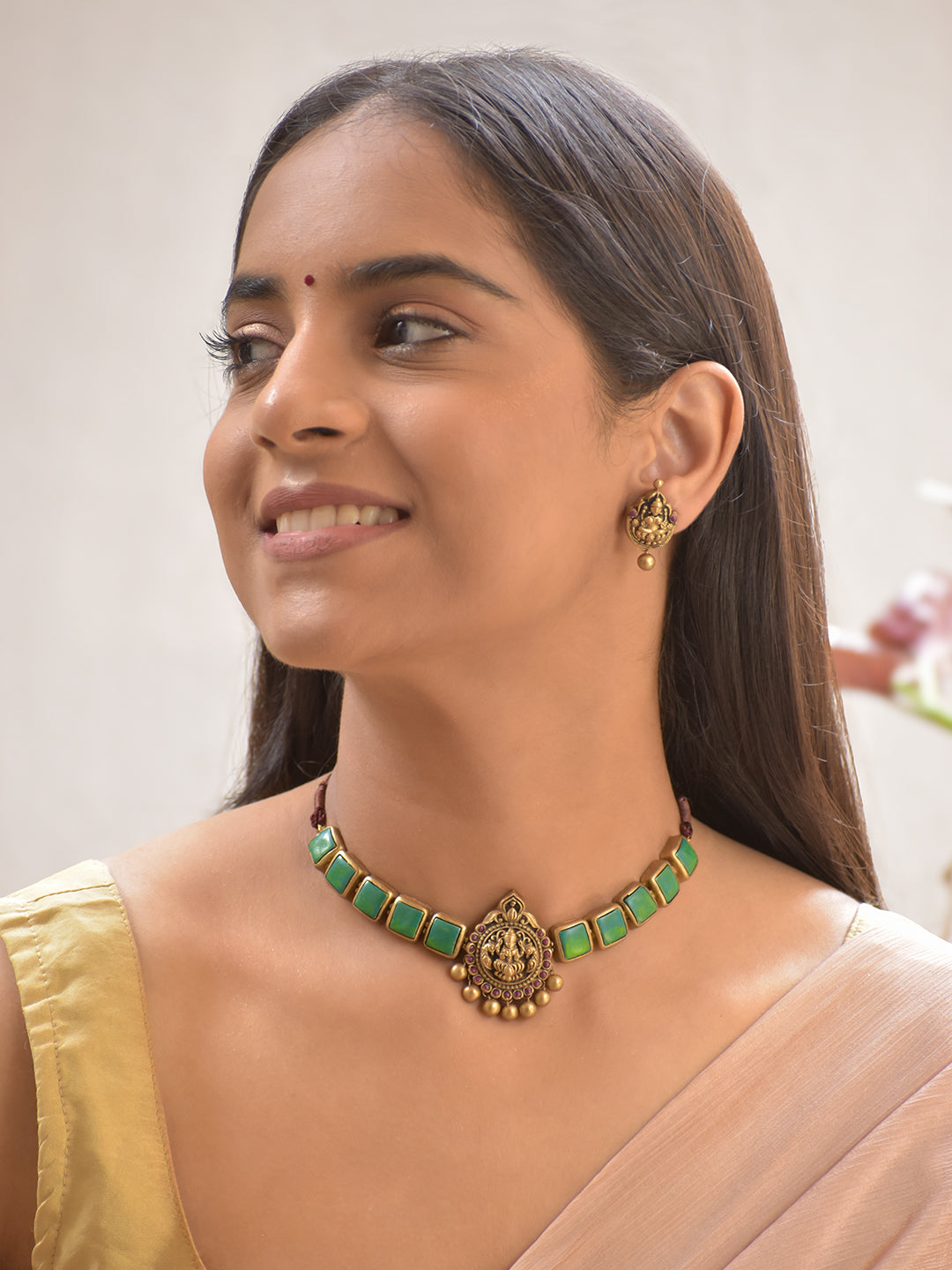 Terracotta Light Green Square Stone Choker Necklace with Lakshmi Goddess Pendant & Earrings