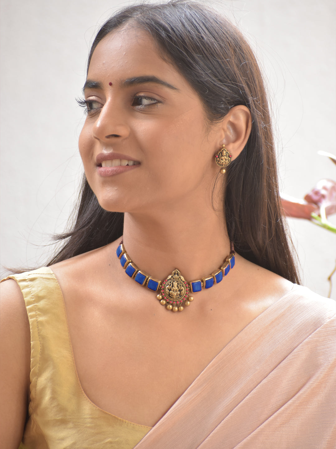 Terracotta Blue Square Stone Choker Necklace with Lakshmi Goddess Pendant & Earrings