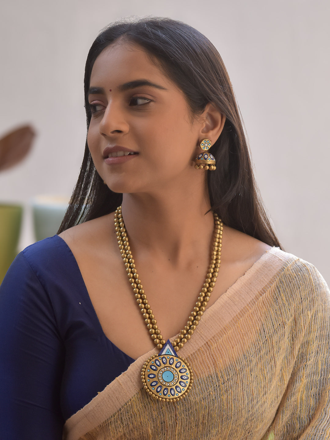 Handmade Terracotta Blue Mandala Pendant Necklace with Golden Beads and Matching Jhumka Earrings - Evil Eye