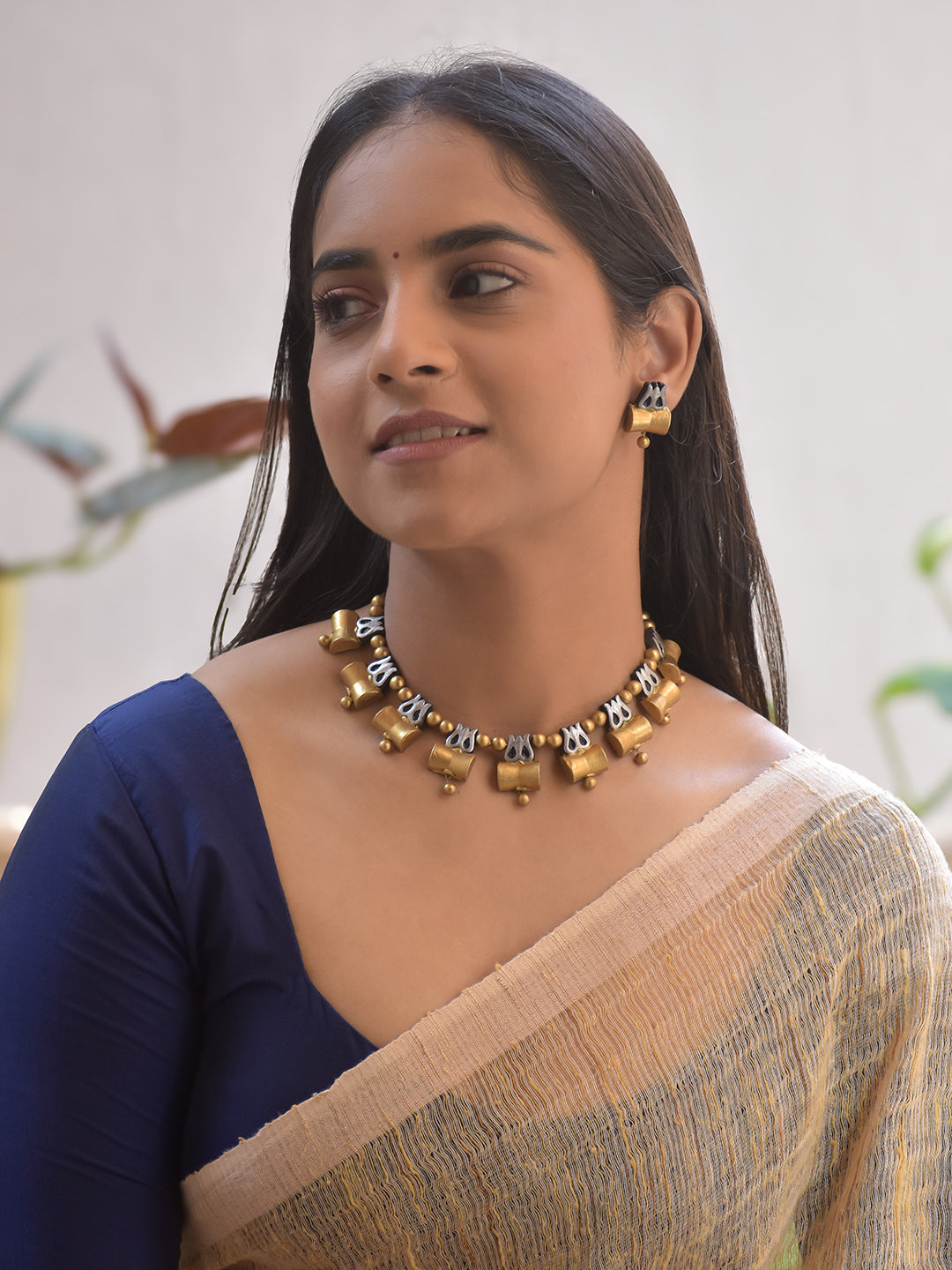 Handmade Terracotta Trishul Motif Gold Choker Necklace with Silver Accents and Stud Earrings