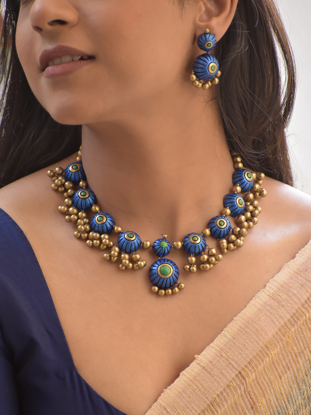 Handmade Terracotta Royal Blue Floral Beaded Necklace with Golden Cluster Drops and Stud Earrings