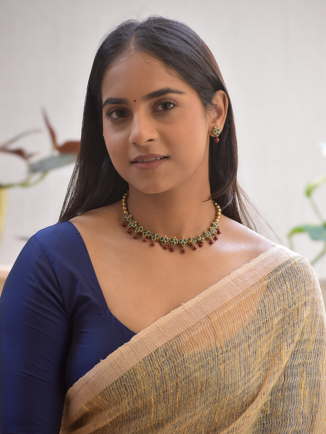 Handmade Terracotta Floral Choker Necklace with Red Bead Drops and Stud Earrings
