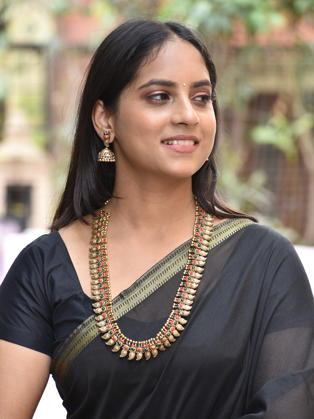 Antique Gold Layered Terracotta Necklace Set with Red & Green Stone Accents and Jhumka Earrings