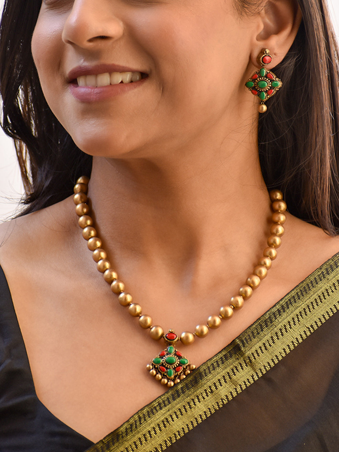 Handcrafted Beaded Terracotta Jewellery Set in Antique Gold, Ruby Red & Emerald Green