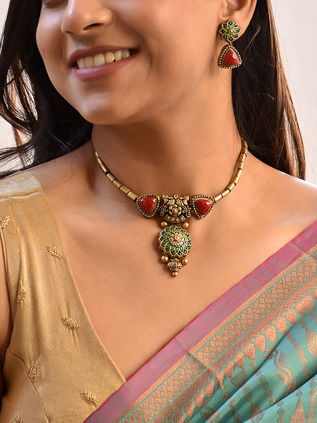 Aaradhya — Beautfully Handcrafted Floral Design Gold, Red, and Green Jewelry Set