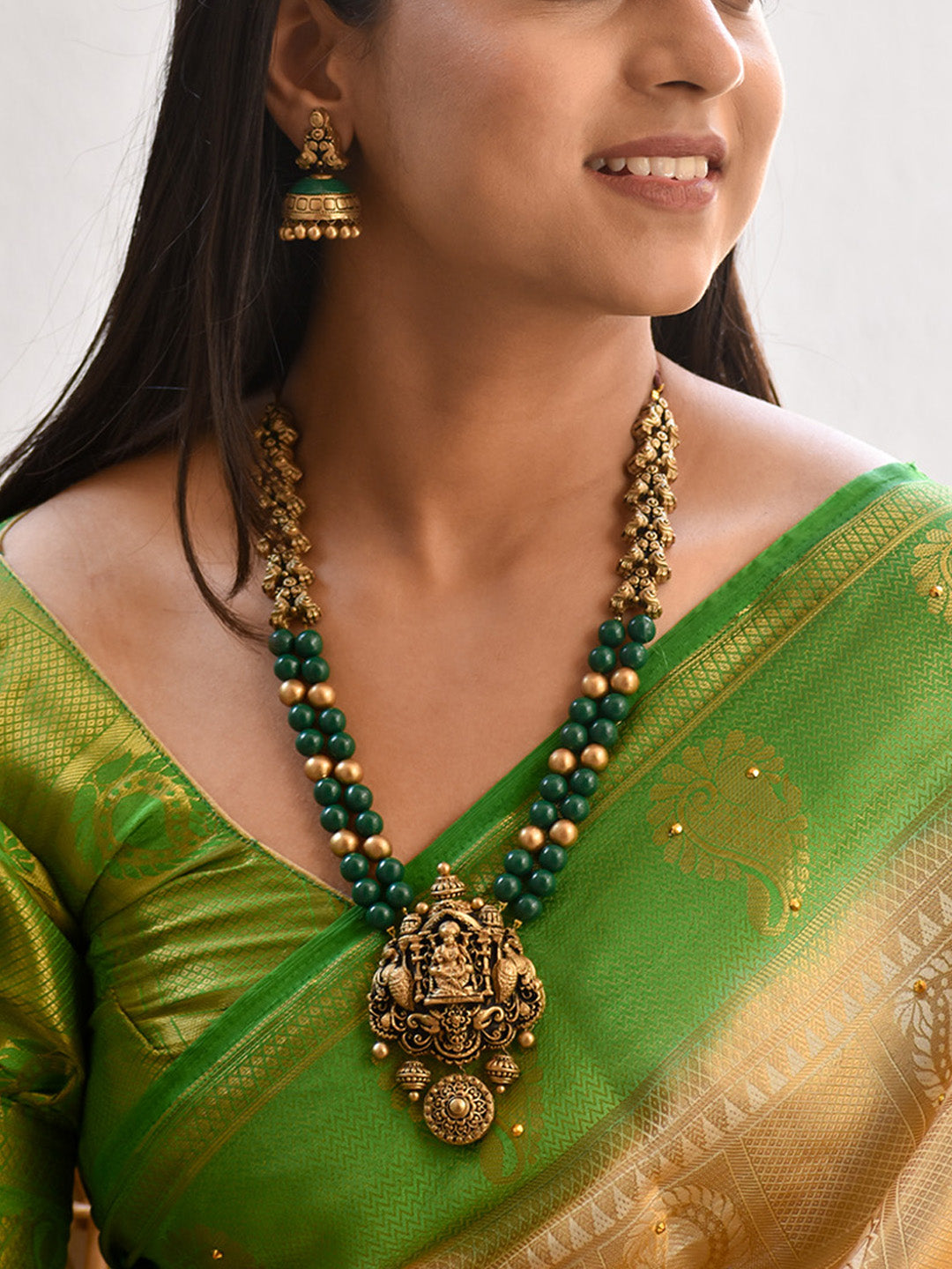 Devashree — Beautifully Handcrafted Temple Two Layer Terracotta Jewellery Set in Emerald Green & Antique Gold"