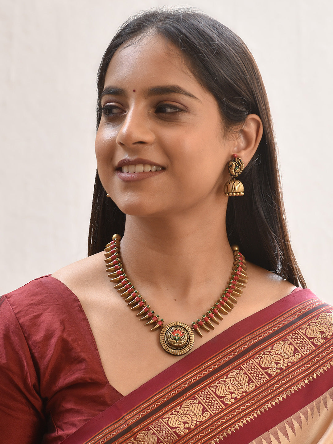 Handcrafted Fringe Design Lotus Pendant Terracotta Jewellery Set in Red, Green & Antique Gold