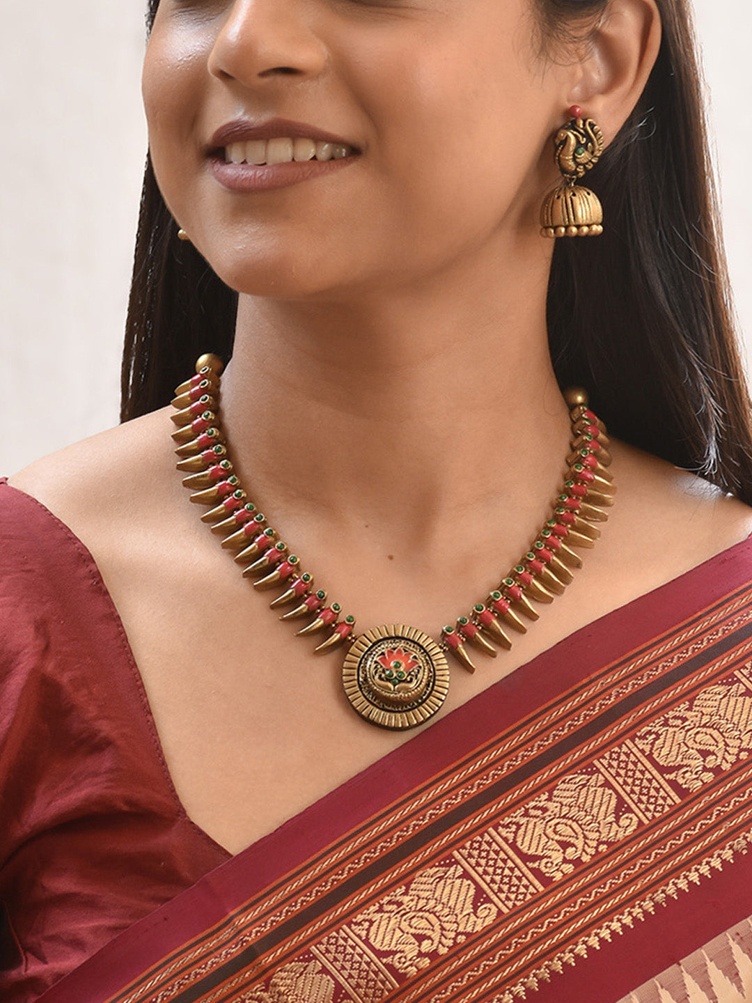 Handcrafted Fringe Design Lotus Pendant Terracotta Jewellery Set in Red, Green & Antique Gold