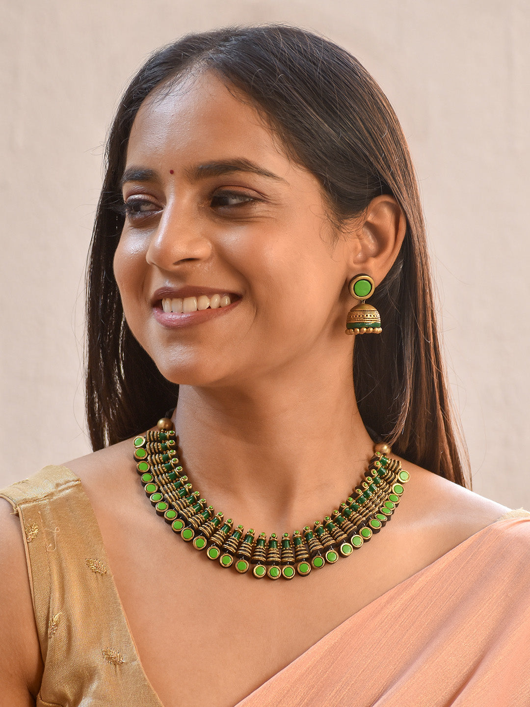 Handcrafted Layered Design Terracotta Jewellery Set in Green & Antique Gold