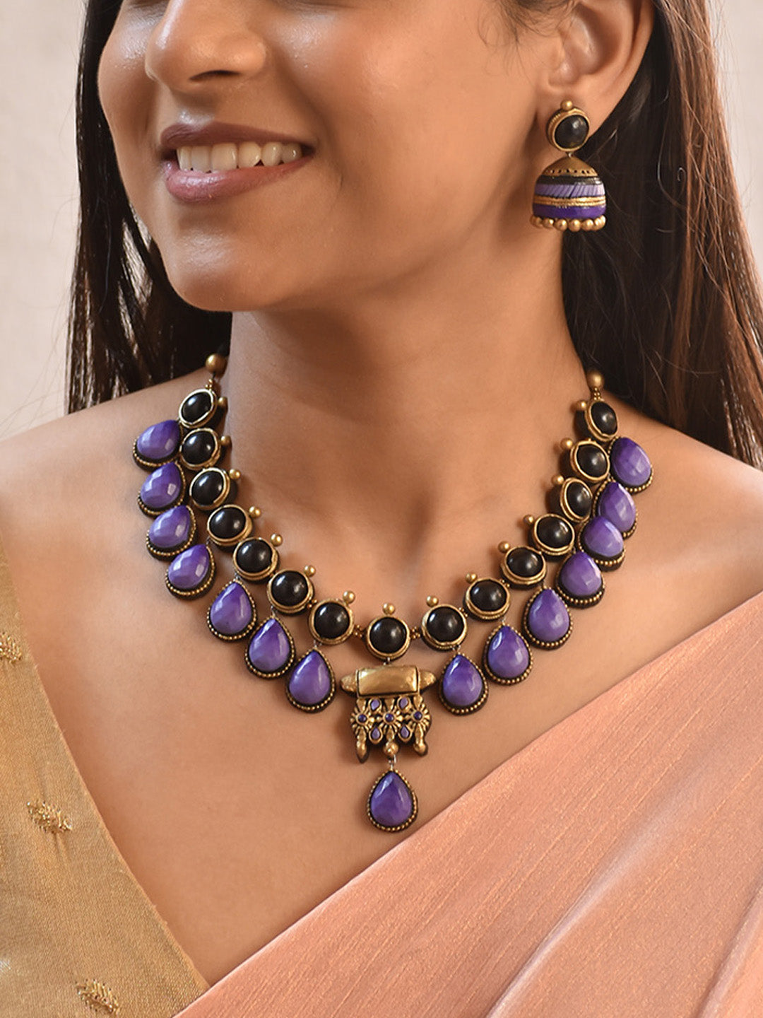 Handcrafted Dual-Tone Tear Drop Design Terracotta Jewellery Set in Purple, Black and Antique Gold