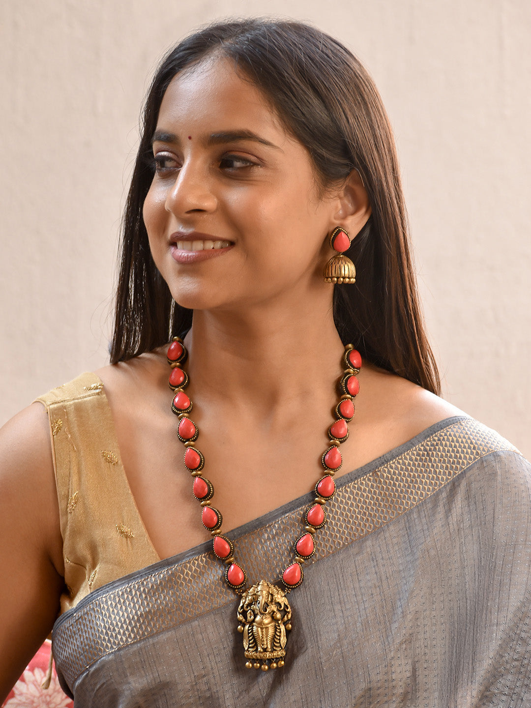 Handcrafted Lord Ganesha Terracotta Jewellery Set in Red and Antique Gold