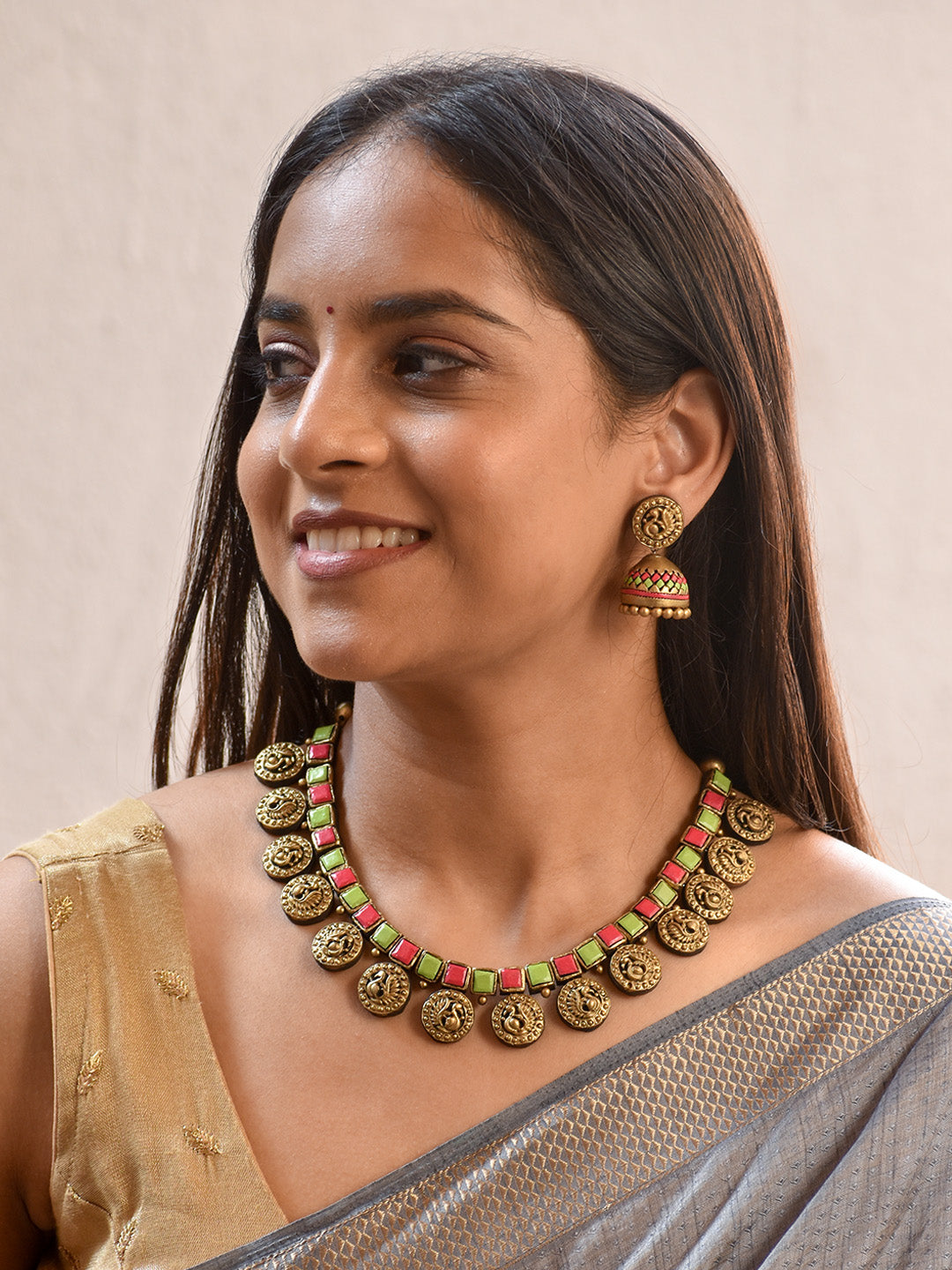 Handcrafted Peacock Motif Terracotta Jewellery Set in Red, Green and Antique Gold