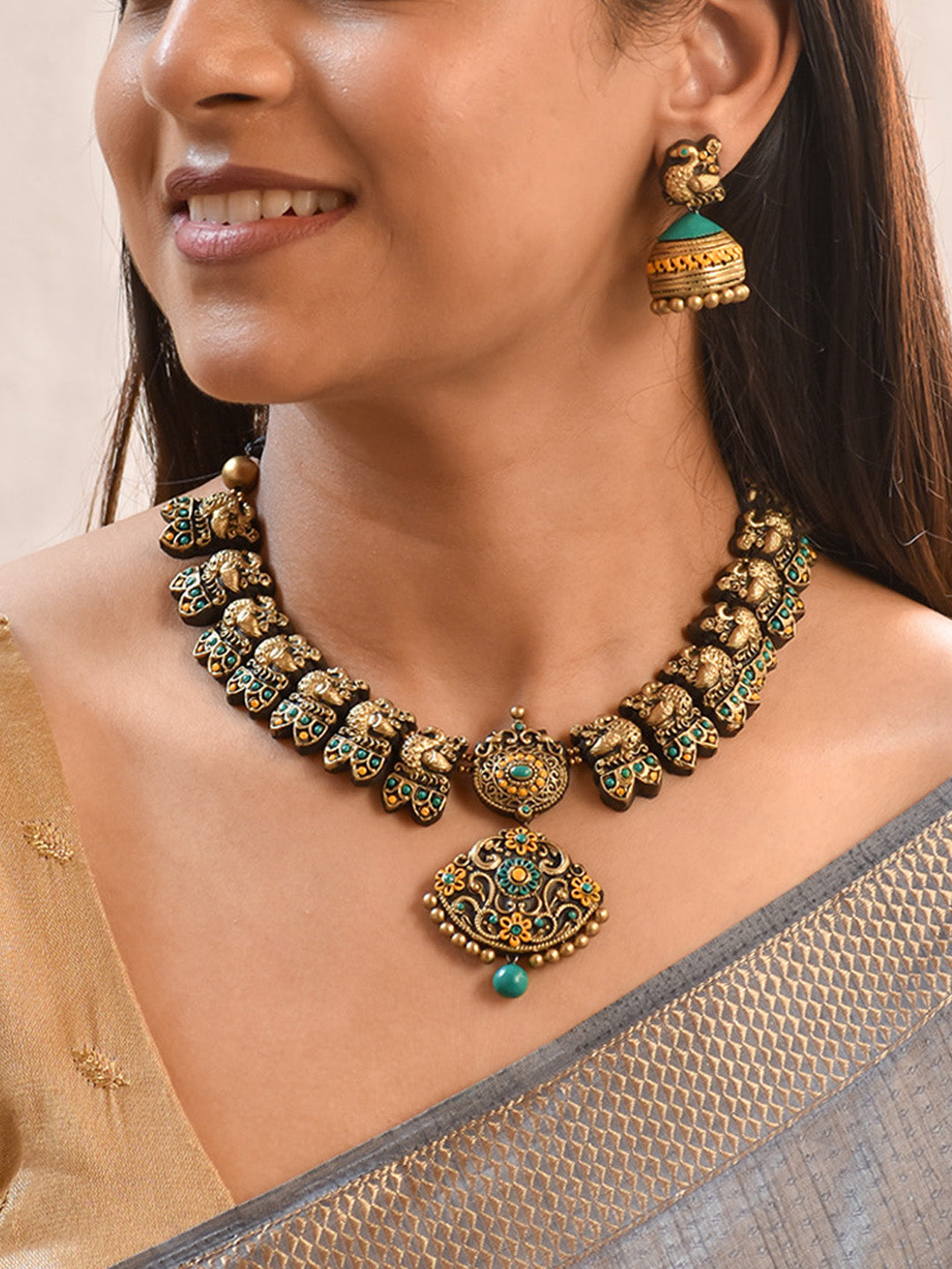 Handcrafted Peacock Motif Terracotta Jewellery Set in Green & Antique Gold